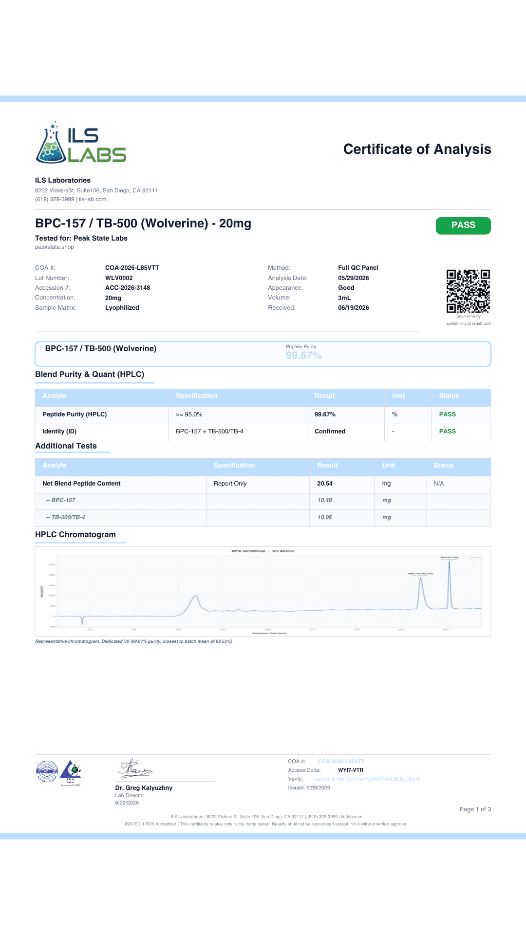 BPC-157 + TB-500 20mg Blend Lab Report — Page 1